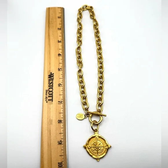 Susan Shaw Gold Tone Compass Pendant Toggle Necklace 16”24K Gold PlatedEUC